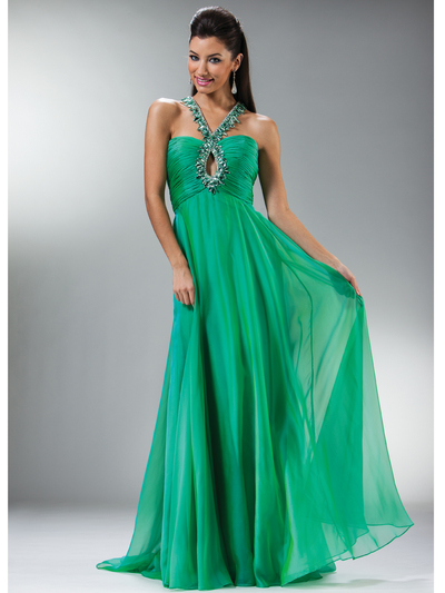 R2005 Jeweled Crisscross Keyhole Halter Prom Dress - Green, Front View Medium