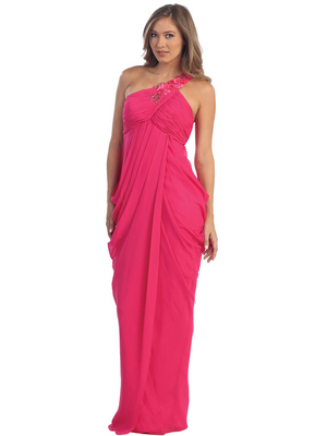 S29743 One Shoulder Draped Evening Dress, Fuschia