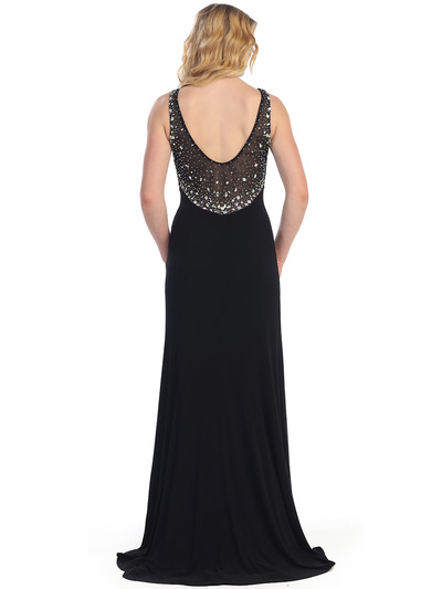 S30292 Pleated Bust Rhinestone Trim Evening Dress - Black, Back View Medium