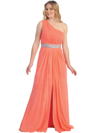 S30297 Split-front Grecian Evening Dress - Orange, Front View Medium