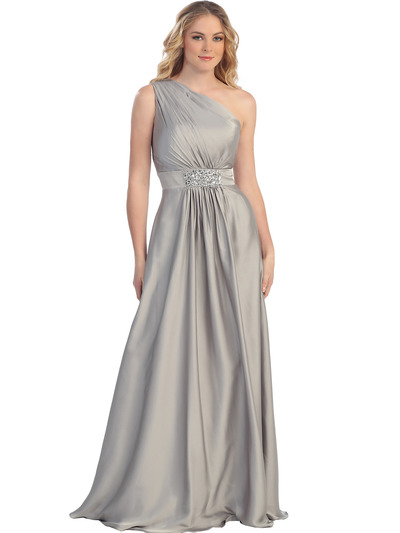 S30303 Elegance One Shoulder Satin Evening Gown - Silver, Front View Medium