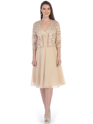 S8735 Sleeveless V-Neck Knee Length Cocktail Dress with Bolero, Khaki