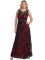 S8749 Sleeveless Lace Overlay Long Evening Dress - Black Red, Front View Thumbnail