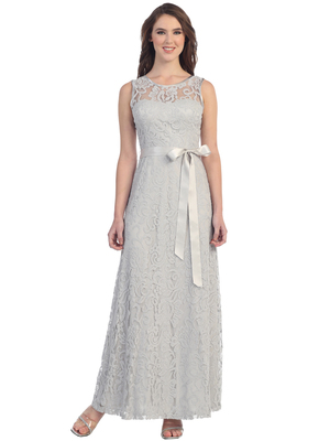 S8749 Sleeveless Lace Overlay Long Evening Dress, Silver