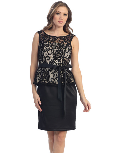 S8750 Peplum Cocktail Dress - Black Gold, Front View Medium
