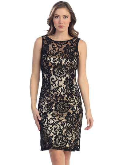 S8751 Lace Overlay Cocktail Dress - Black Gold, Front View Medium