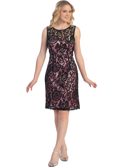 S8751 Lace Overlay Cocktail Dress - Black Pink, Front View Medium