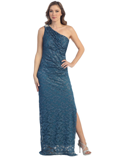 8753 One Shoulder Shimmer Lace Evening Dress - Teal, Front View Medium