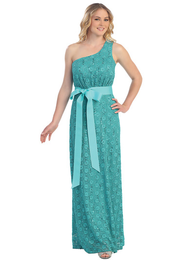 S8768 One Shoulder Lace Evening Dress - Sage, Front View Medium