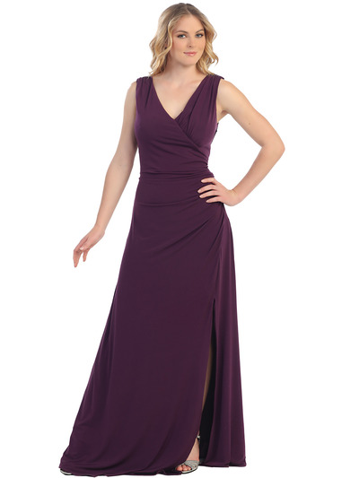 S8775 V-neck Knitted Evening Dress - Plum, Front View Medium
