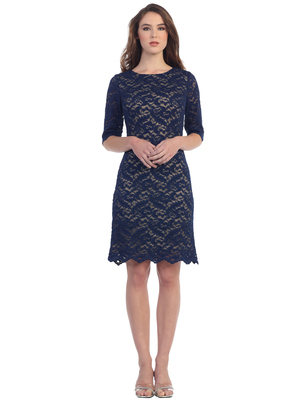 S8795 Boat Neckline Three Quarter Sleeve Cocktail Dress, Navy Gold
