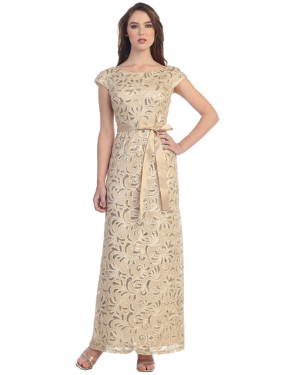 S8811 Cap Sleeve Floor Length Evening Dress - Gold, Front View Medium
