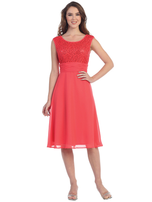 S8819 Scoop Neckline Tea Length Cocktail Dress, Coral