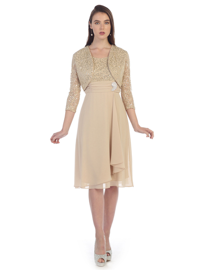 SF-8823 Sleeveless Knee Length Cocktail Dress with Bolero - Khaki, Front View Medium