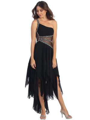 ST519 Single Strap Handkerchief Hem Cocktail Dress, Black