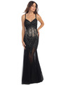 ST554 V-Neck Embroidery & Bead Overlay Gown with Illusion Skirt - Black, Front View Thumbnail