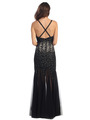 ST554 V-Neck Embroidery & Bead Overlay Gown with Illusion Skirt - Black, Back View Thumbnail