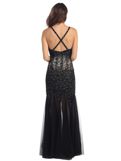 ST554 V-Neck Embroidery & Bead Overlay Gown with Illusion Skirt - Black, Back View Medium