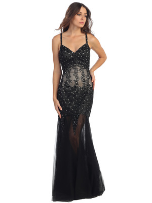 ST554 V-Neck Embroidery & Bead Overlay Gown with Illusion Skirt, Black