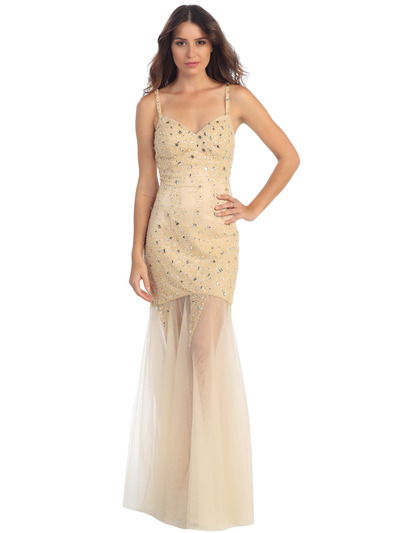 ST554 V-Neck Embroidery & Bead Overlay Gown with Illusion Skirt - Nude, Front View Medium