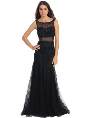 ST581 Scoop Neck Illusion Cutout Back Evening Dress, Black