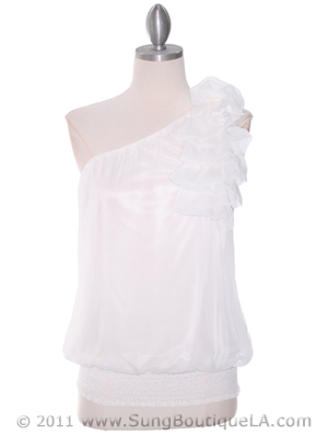 TP102 White One Shoulder Chiffon Top, White