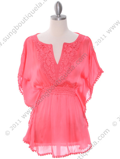 TP105 Coral Silk Chiffon Top - Coral, Front View Medium