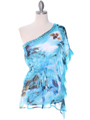 TP120 Blue One Shoulder Print Chiffon Top with Bead - Blue, Front View Thumbnail