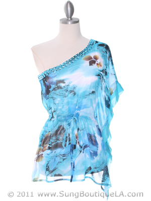 TP120 Blue One Shoulder Print Chiffon Top with Bead, Blue