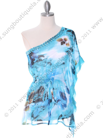TP120 Blue One Shoulder Print Chiffon Top with Bead - Blue, Front View Medium