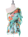 TP120 Green One Shoulder Print Chiffon Top with Beads - Green, Front View Thumbnail