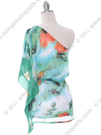 TP120 Green One Shoulder Print Chiffon Top with Beads - Green, Back View Medium