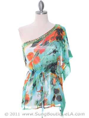 TP120 Green One Shoulder Print Chiffon Top with Beads, Green