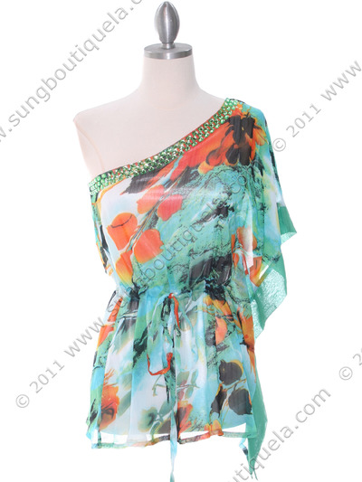 TP120 Green One Shoulder Print Chiffon Top with Beads - Green, Front View Medium