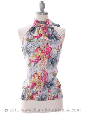 TP137 Grey Pink Print Top, Grey