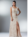 XC001 Champagne Vintage Lace Fitted Evening Dress - Champagne, Front View Thumbnail