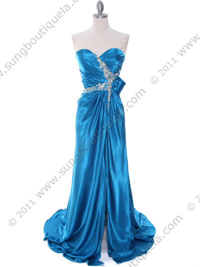 C1642 Teal Charmeuse Strapless Evening Dress - Teal, Front View Medium