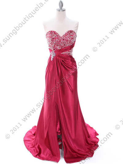 C1643 Raspberry Charmeuse Strapless Evening Dress - Raspberry, Front View Medium