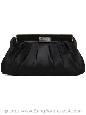 E120ST Black Satin Evening Bag with Rhinestone Clip, Black