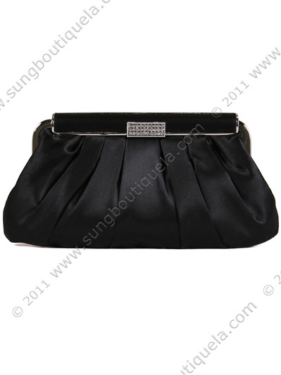 E120ST Black Satin Evening Bag with Rhinestone Clip - Black, Front View Medium