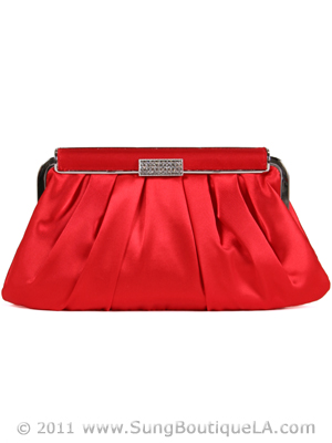 E120ST Red Satin Evening Bag with Rhinestone Clip, Red