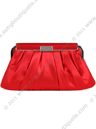 E120ST Red Satin Evening Bag with Rhinestone Clip - Red, Front View Medium