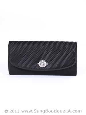 HBG89985 Black Satin Evening Bag with Rhinestone Crust, Black