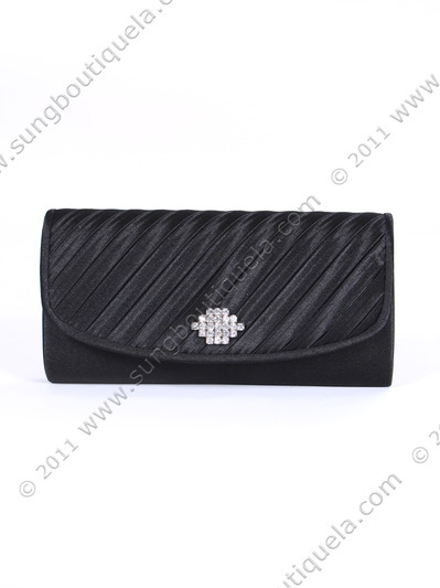 HBG89985 Black Satin Evening Bag with Rhinestone Crust - Black, Front View Medium