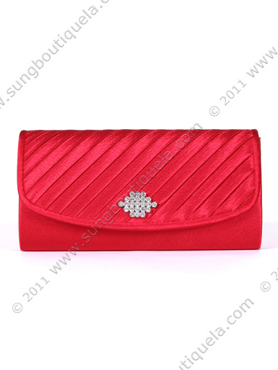 HBG89985 Red Satin Evening Bag with Rhinestone Crust - Red, Front View Medium