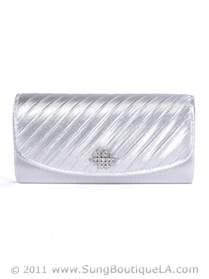 HBG89985 Silver Satin Evening Bag with Rhinestone Crust, Silver
