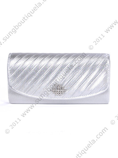 HBG89985 Silver Satin Evening Bag with Rhinestone Crust - Silver, Front View Medium