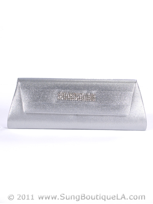 HBG89992 Silver Satin Evening Bag with Rhinestone Crust, Silver