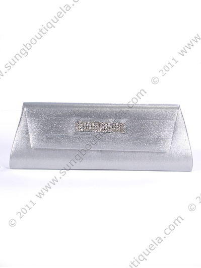 HBG89992 Silver Satin Evening Bag with Rhinestone Crust - Silver, Front View Medium