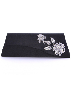 HBG92467 Black Satin Evening Bag with Rhinestone Floral, Black